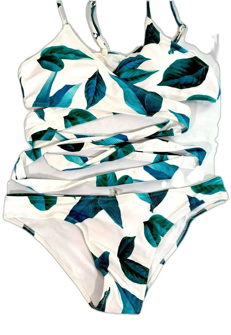 Cupshe Leaf Print Wrap Bikini Set Green White Crisscross Cutout NWT L